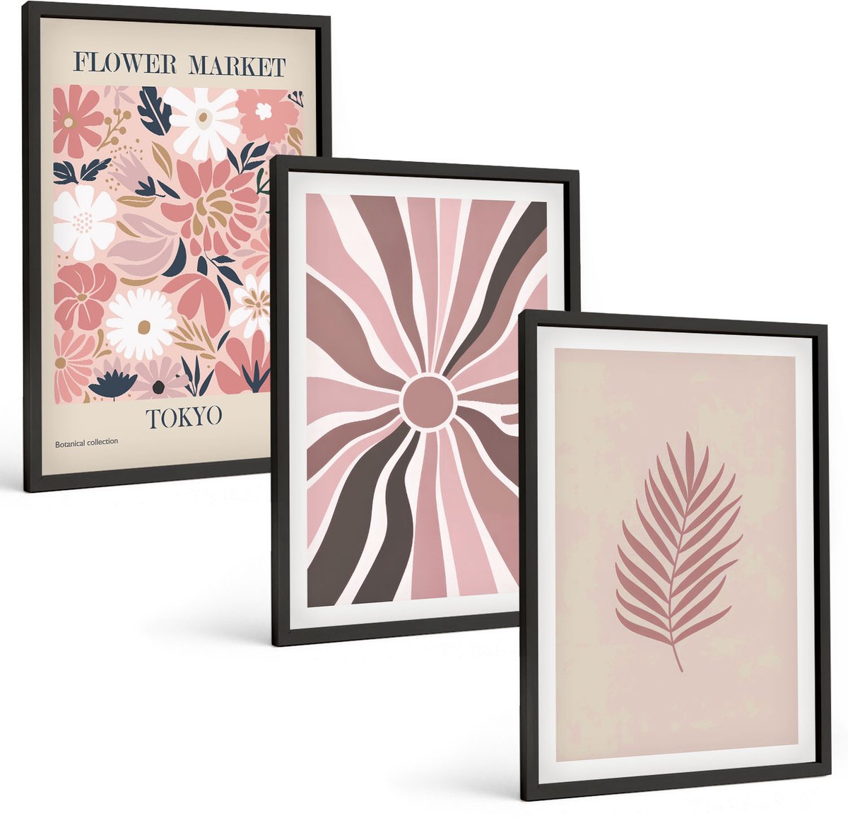 Tulup 4-Delige Schilderij Set - Bloemmotieven met bladeren en geometrische vormen - 40 x 60 cm - Wanddecoratie - Moderne Interieurdecoratie - Woonkamer Decoratie