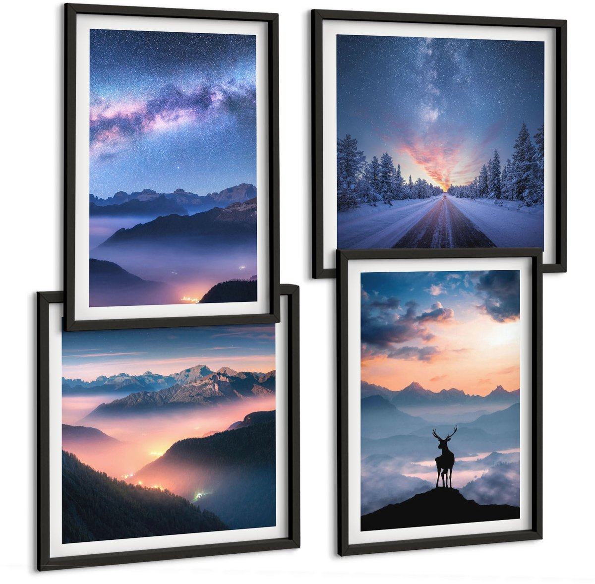 Tulup 4-Delige Schilderij Set - Nachtelijke hemel, berglandschappen in de mist en herten - 40 x 40 cm en 40 x 60 cm - Muurdecoratie - Decoratieve Schilderijen - Wohnzimmer
