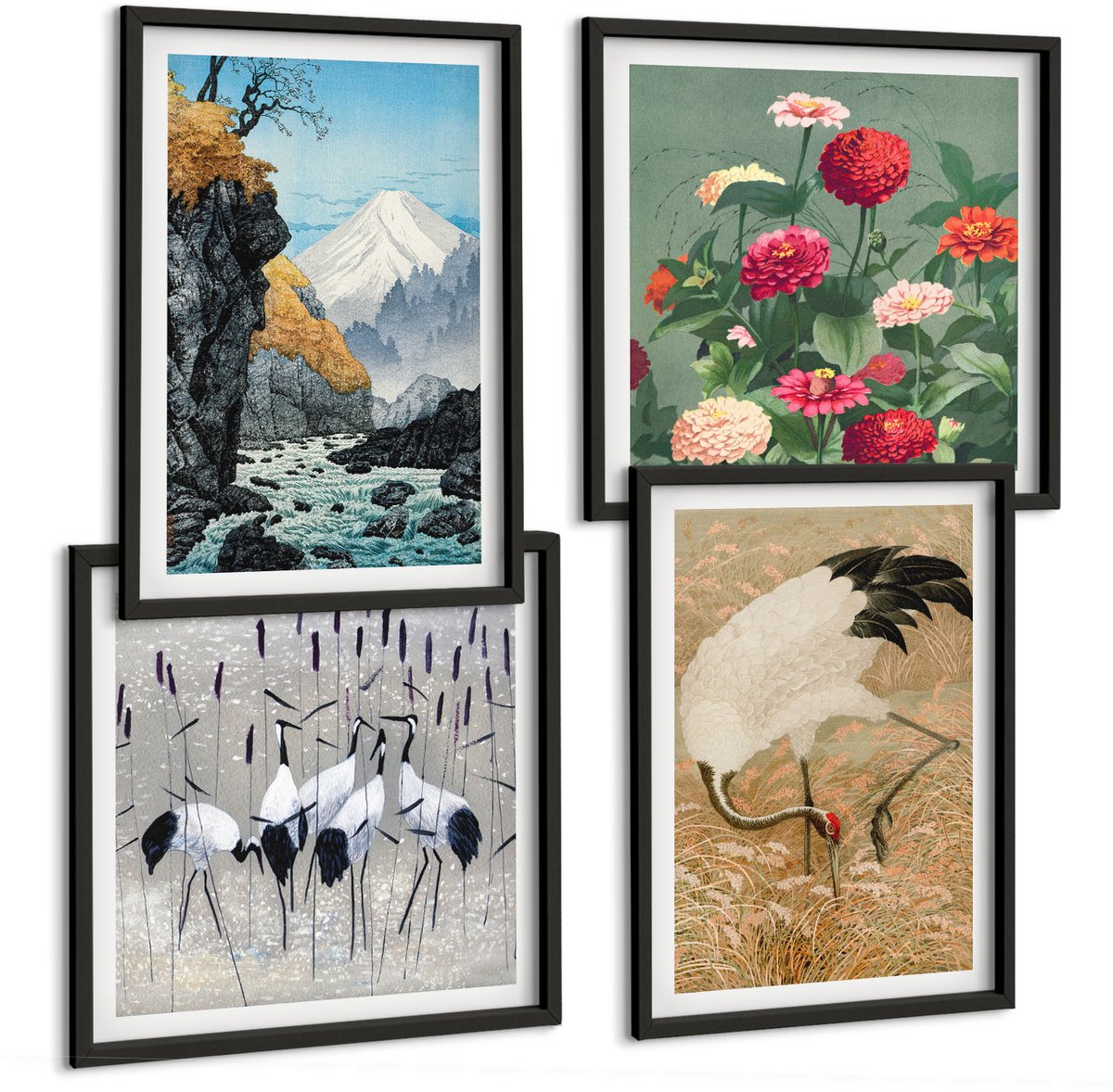 Tulup 4-Delige Schilderij Set - Bergen in het landschap, een rivier, bloemen en kraanvogels in het gras. - 40 x 40 cm en 40 x 60 cm - Wanddecoratie - Muurdecoratie - Woonkamer