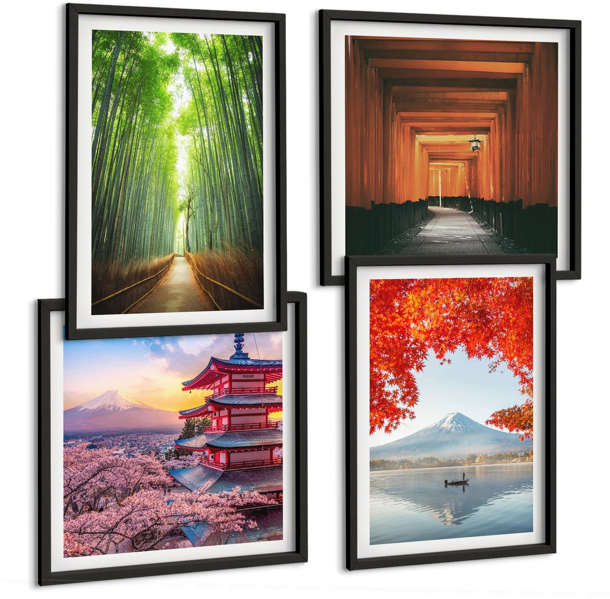 Tulup 4-Delige Schilderij Set - Bamboebos, Mount Fuji, Torii-pad, Japanse architectuur - 40 x 40 cm en 40 x 60 cm - Stijlvolle Muurdecoratie - Kantoor - Wanddecoratie