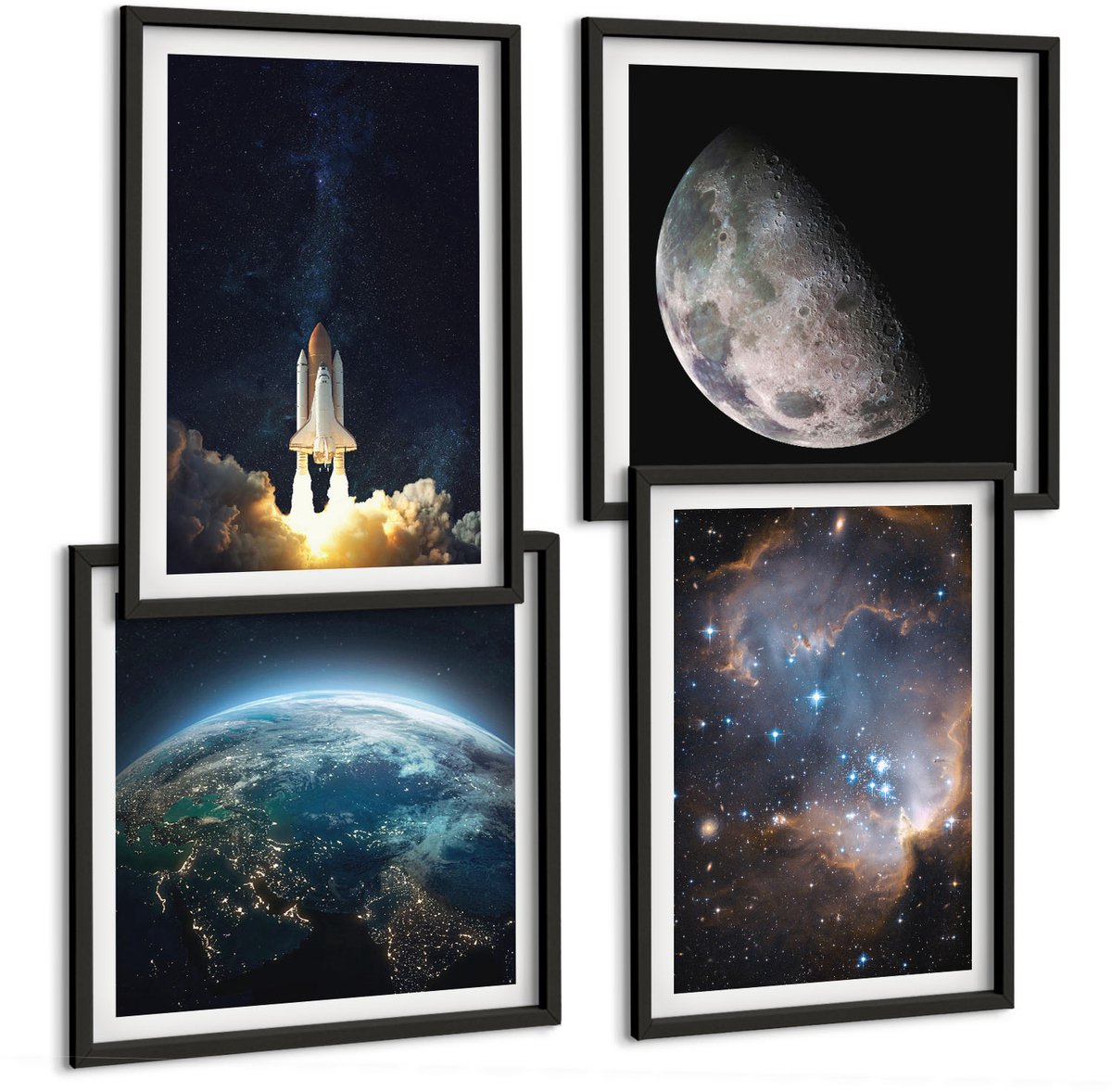 Tulup 4-Delige Schilderij Set - Ruimte Aarde Raket Melkweg Hemel Sterren - 40 x 40 cm en 40 x 60 cm - Wanddecoratie - Woonkamer Decoratie - Muurdecoratie