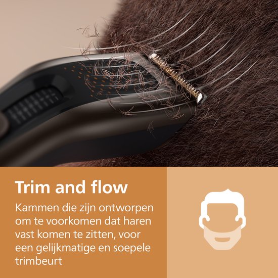 Philips haartrimmer met speciale kammen om vastlopen van haar te voorkomen.