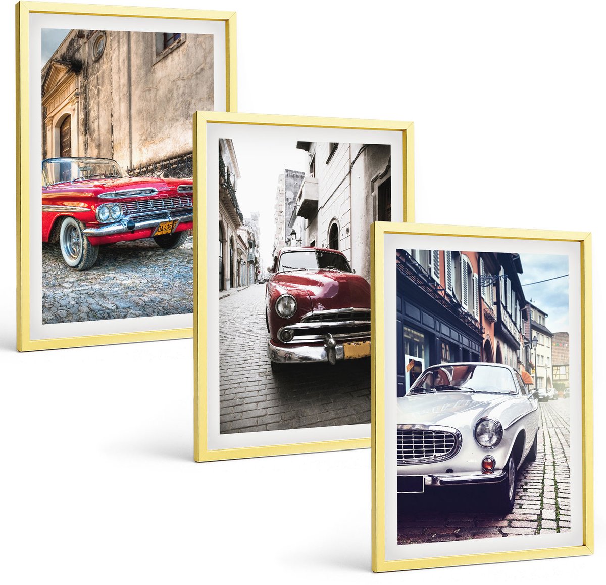 TULUP 4-Delige Schilderij Set - Klassieke auto's in verschillende kleuren op de straten van de stad. - 40 x 60 cm - Stijlvolle Muurdecoratie - Slaapkamer Gouden lijst