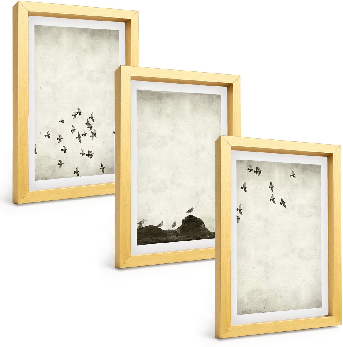 TULUP 4-Delige Schilderij Set - Vogels in vlucht, geschilderd in minimalistische stijl. - 20 x 30 cm - Decoratieve Schilderijen - Wanddecoratie - Hal - Interieur Decoratie Gouden lijst