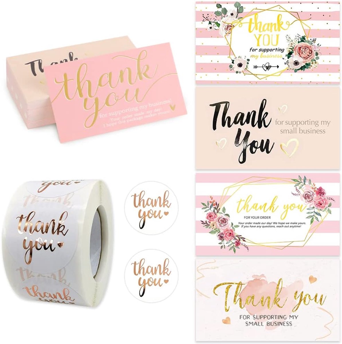 750 stuks bedankkaarten voor je bestelling, 250 mini-waarderingskaarten van goudfolie met 500 bedankstickers - ShopVlot