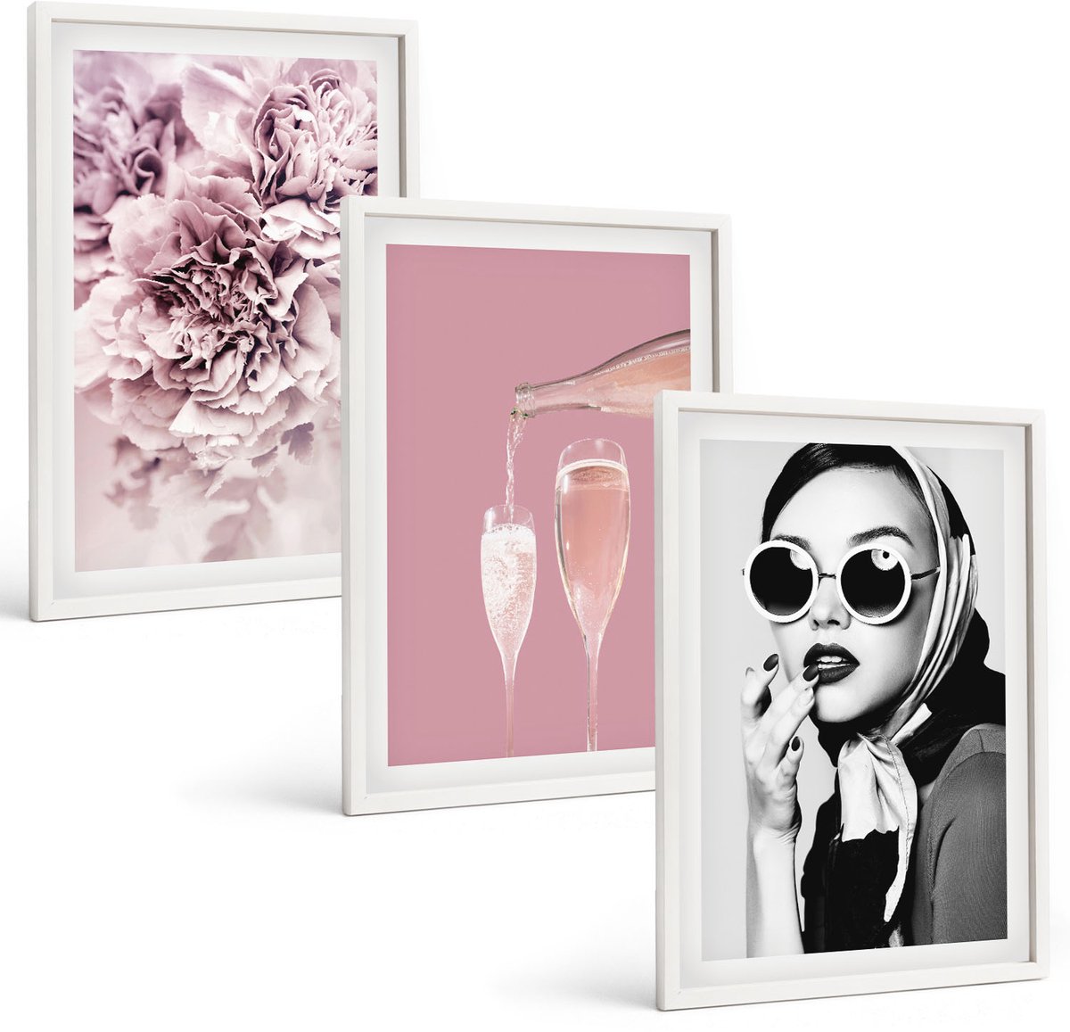 Tulup 3-Delige Schilderij Set - Bloemen in verschillende tinten roze en een elegante vrouw - 40x60 - Moderne Wanddecoratie - Woonkamer - Woonkamer Decoratie