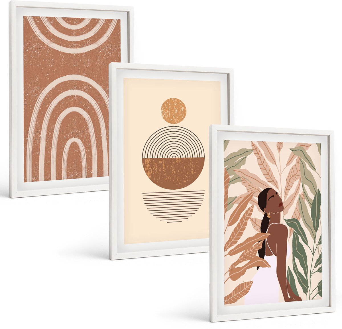 Tulup 3-Delige Schilderij Set - Stijlvolle patronen met plantmotieven en geometrische vormen. - 40x60 - Decoratieve Schilderijen - Woonkamer - Interieur - Wanddecoratie