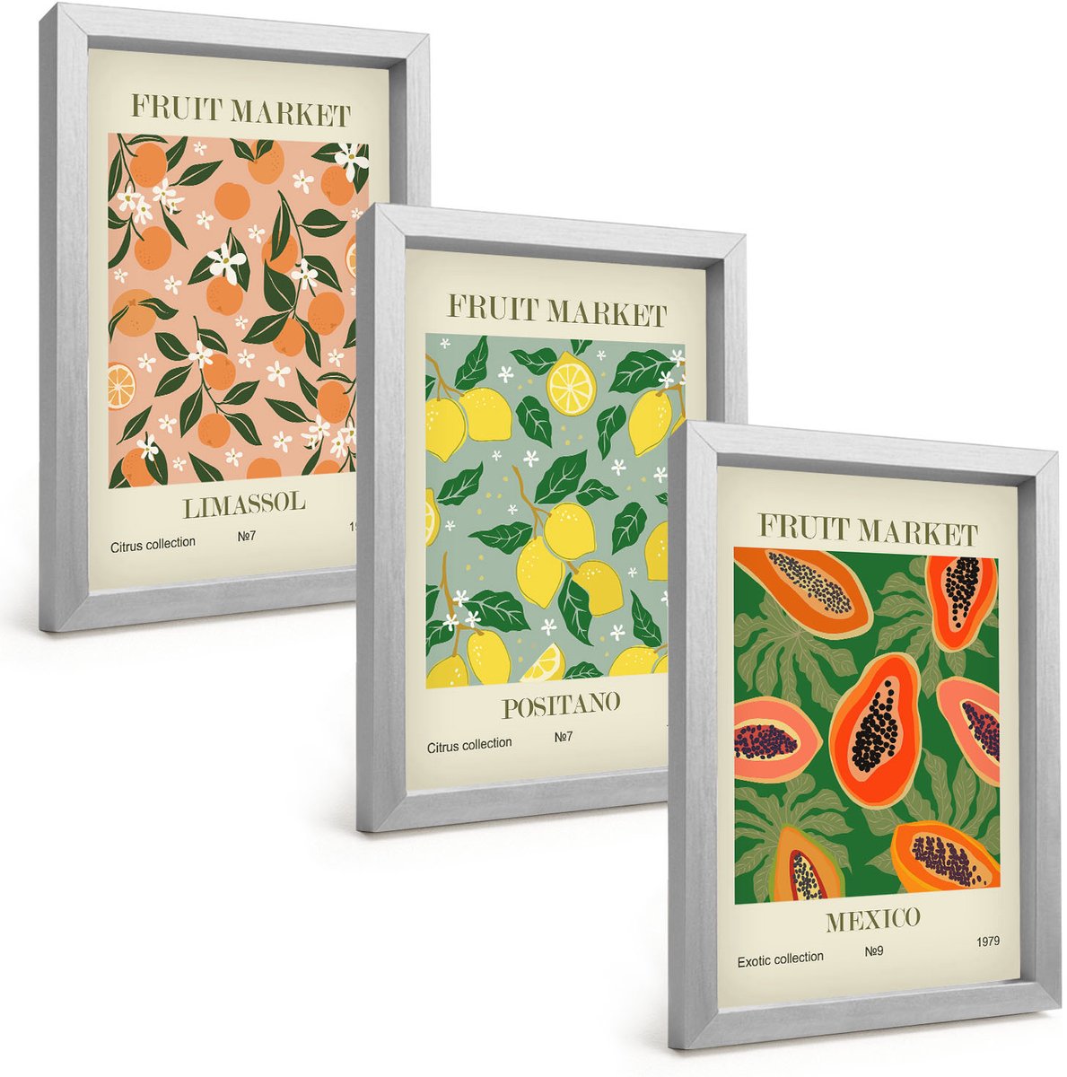 Tulup 4-Delige Schilderij Set - Citrus- en tropische vruchten in retrostijl - 20 x 30 cm - Moderne Wanddecoratie - Slaapkamer