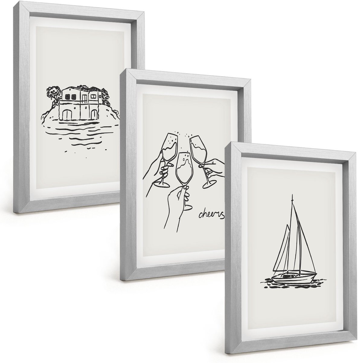 Tulup 4-Delige Schilderij Set - Uitzicht op het water, een huis dat proost met glazen en een zeilboot. - 20 x 30 cm - Decoratieve Schilderijen - Woonkamer - Interieur - Moderne Wanddecoratie
