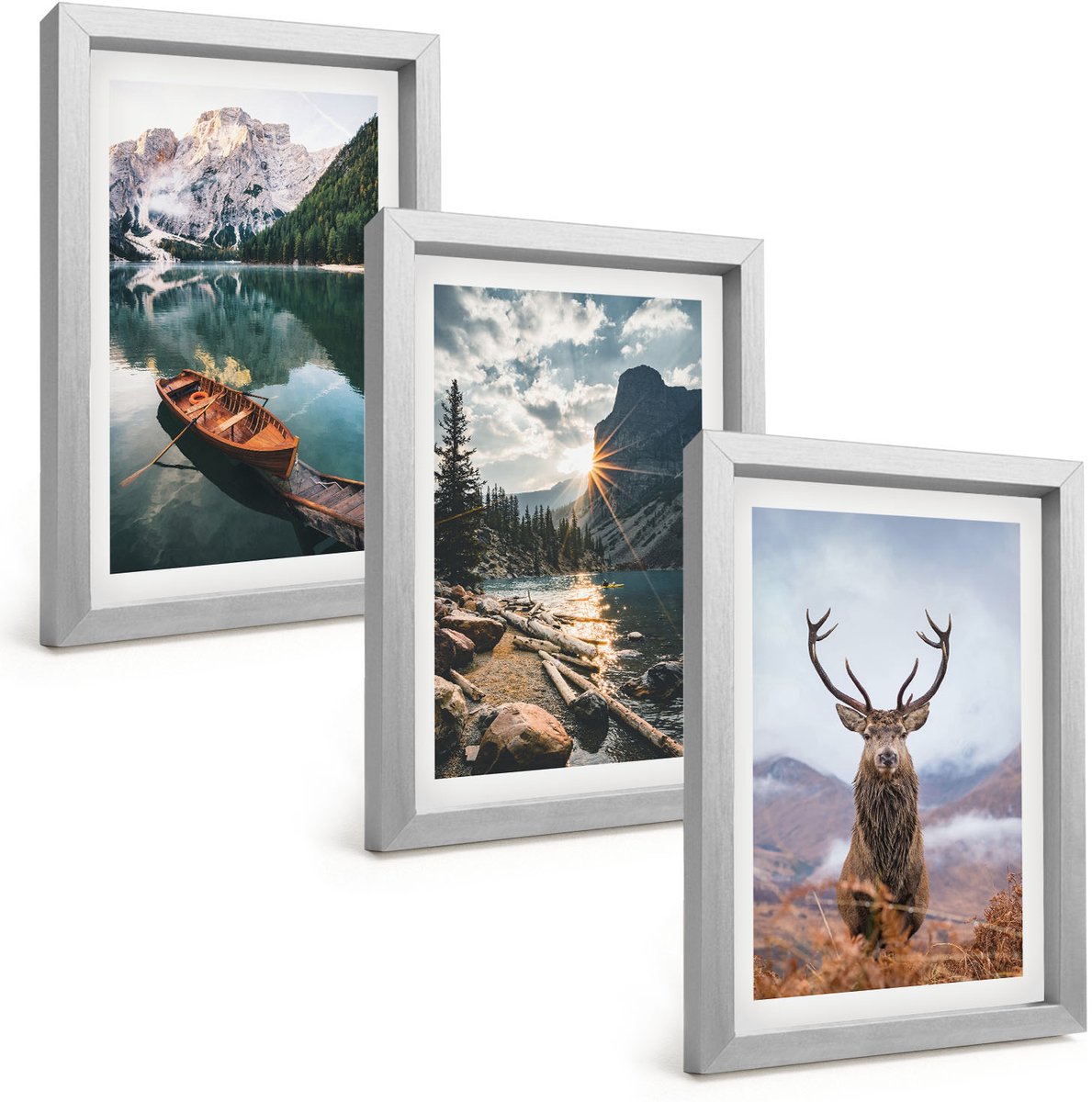 Tulup 4-Delige Schilderij Set - Bergmeer Lodz Zonsondergang Hert in de natuur - 20 x 30 cm - Moderne Wanddecoratie - Woonkamer - Stijlvolle Muurdecoratie