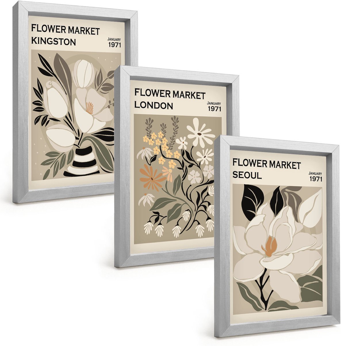 Tulup 4-Delige Schilderij Set - Retro bloemen uit verschillende steden over de hele wereld - 20 x 30 cm - Stijlvolle Wanddecoratie - Interieur