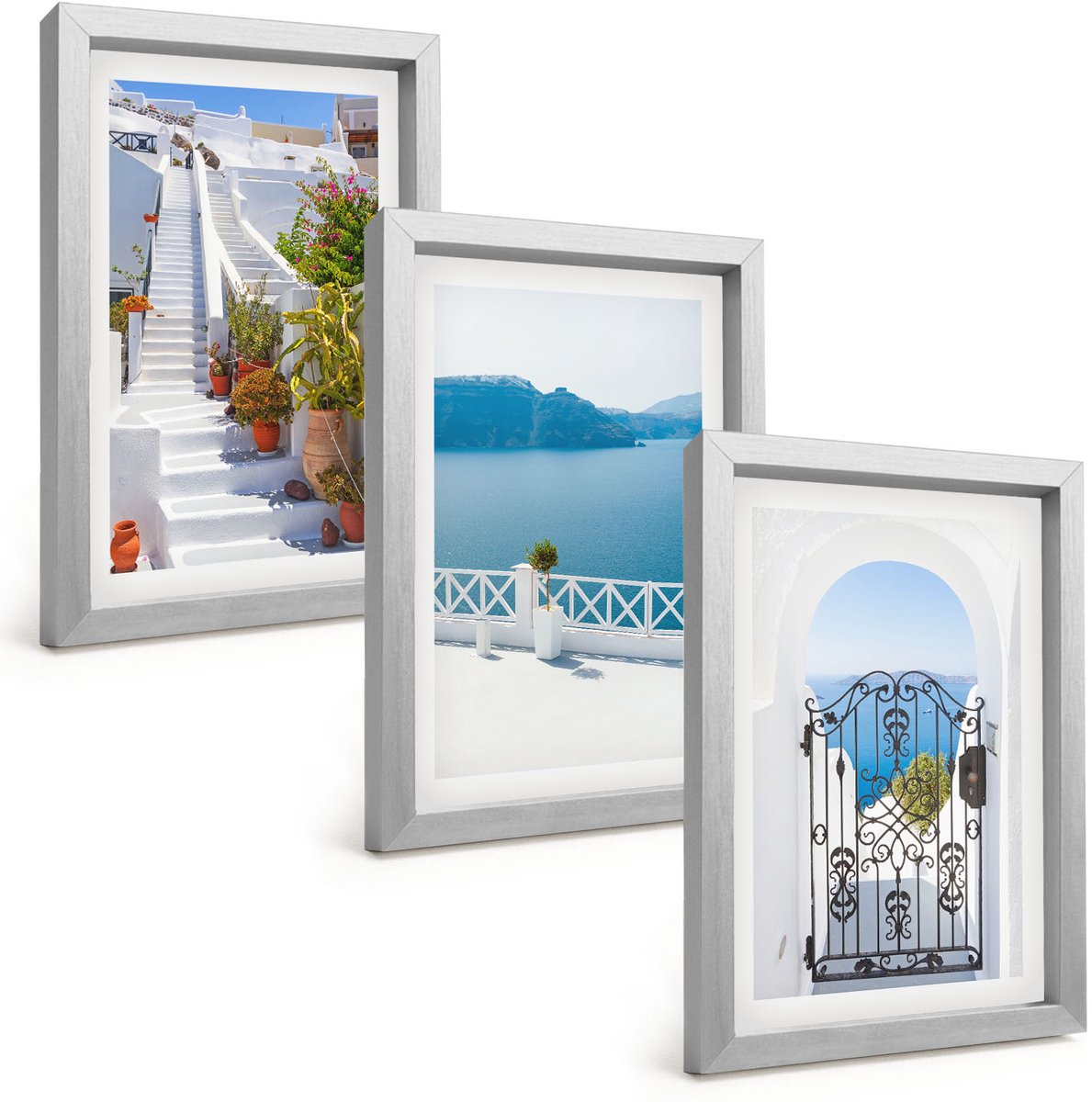 Tulup 4-Delige Schilderij Set - Witte trap met planten, uitzicht op zee en poort - 20 x 30 cm - Wanddecoratie - Schilderijen Set - Interieur - Interieur Decoratie