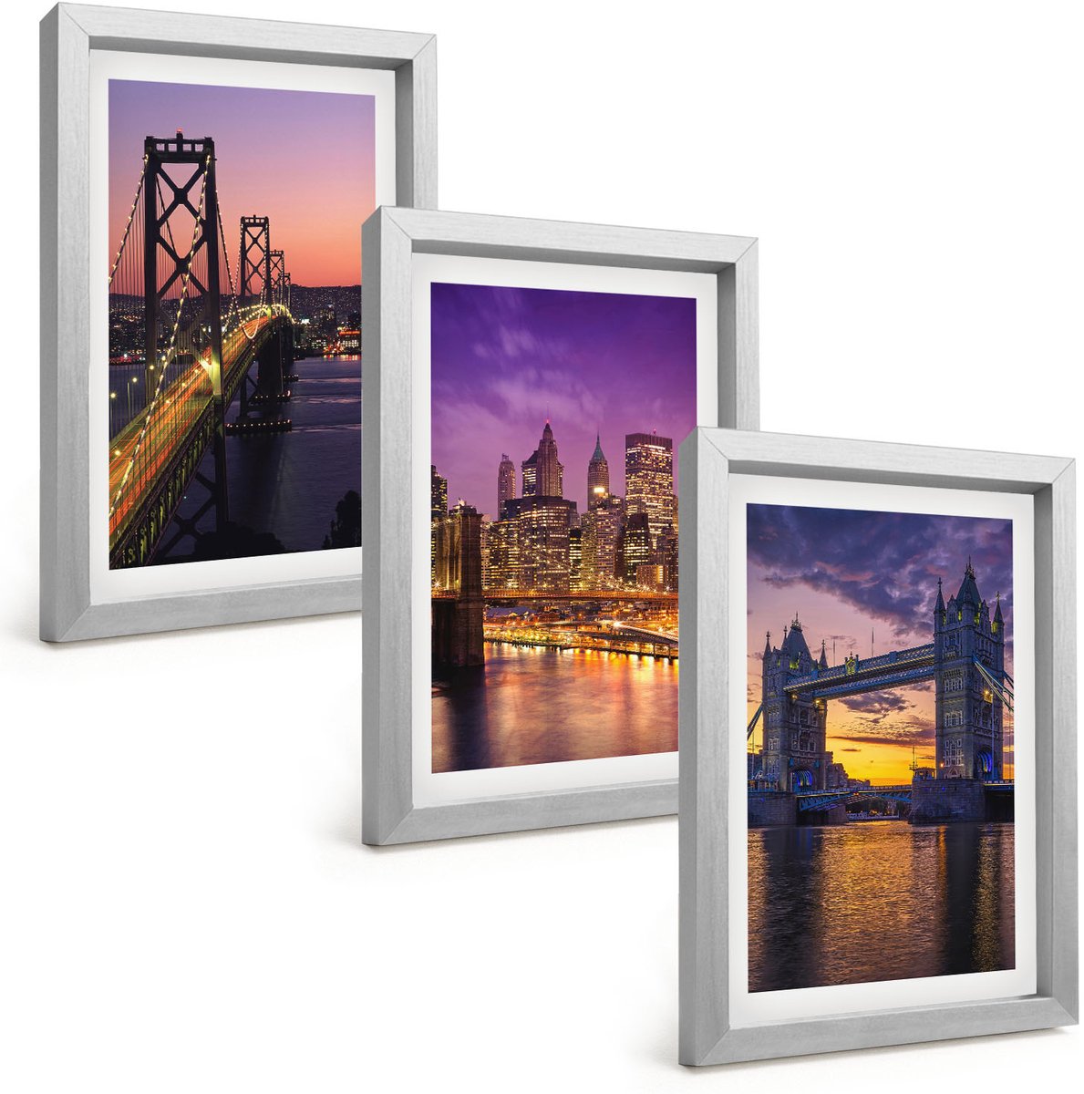 Tulup 4-Delige Schilderij Set - Bruggen bij zonsondergang en stedelijke landschappen - 20 x 30 cm - Stijlvolle Wanddecoratie - Interieur - Decoratieve Schilderijen