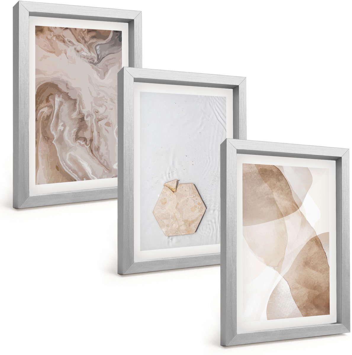 TULUP 4-Delige Schilderij Set - Abstracte vormgeving geïnspireerd door de natuur. - 20 x 30 cm - Muurdecoratie - Wanddecoratie - Slaapkamer Zilveren lijst