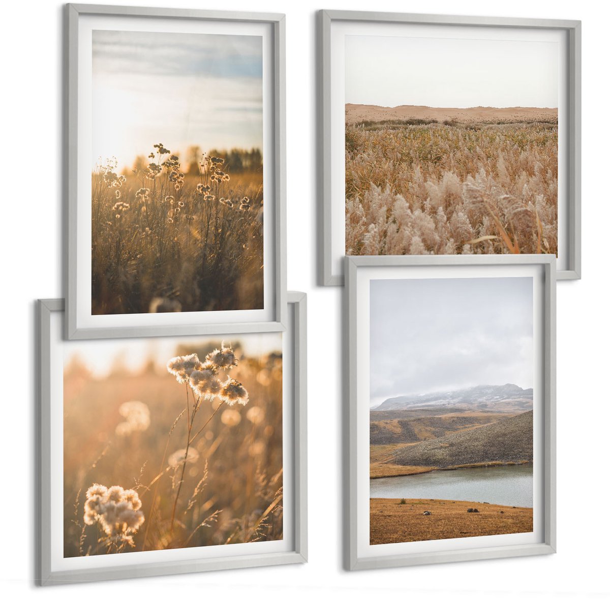TULUP 4-Delige Schilderij Set - Landschappen met weilanden, bergen en een meer op de achtergrond. - 40 x 40 cm en 40 x 60 cm - Wanddecoratie - Muurdecoratie - Moderne Interieurdecoratie - Decoratieve Schilderijen Zilveren lijst