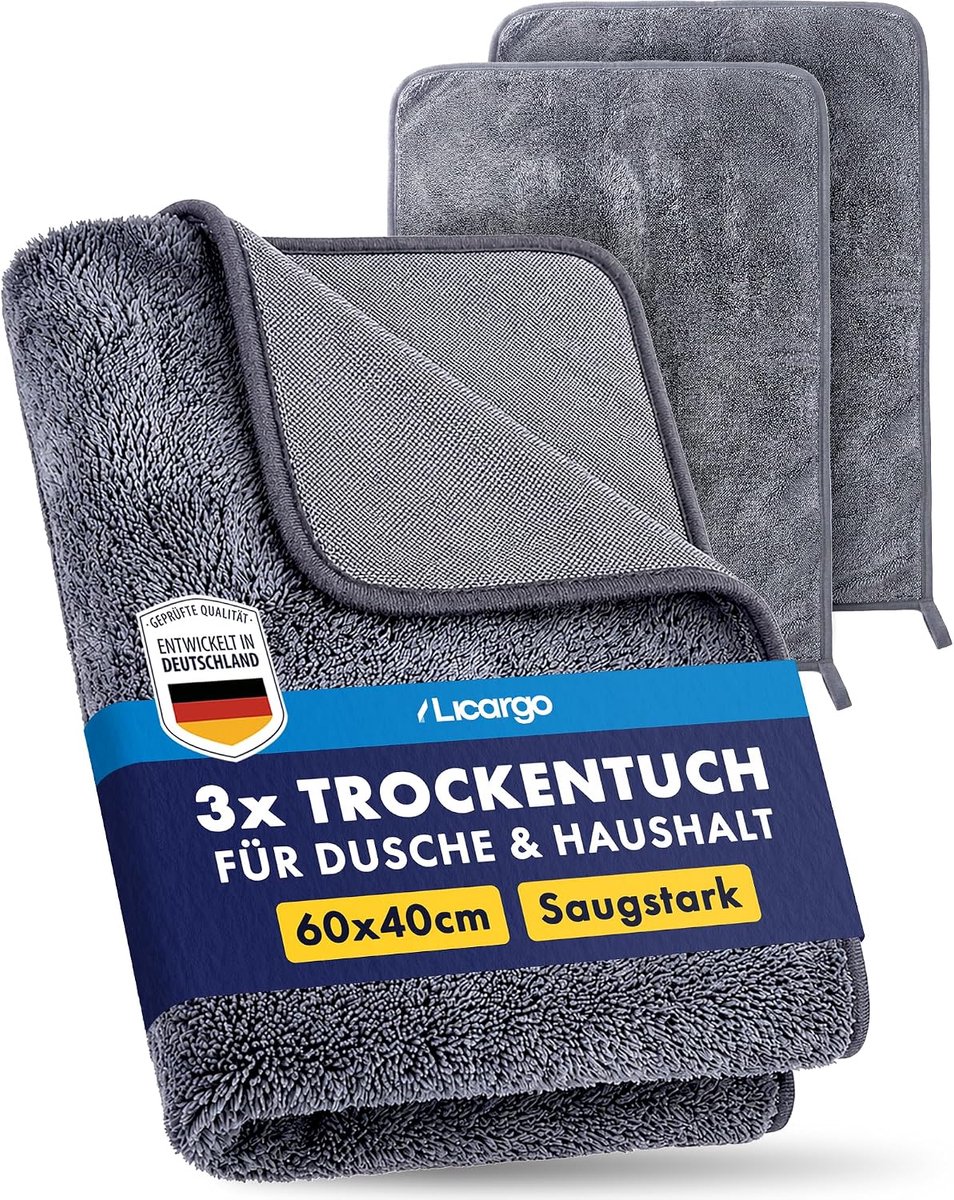 LICARGO Droogdoek douche XXL set van 3, 60 x 40 cm - absorberende microvezeldoeken & microvezel poetsdoek, pluisvrij - ShopVlot