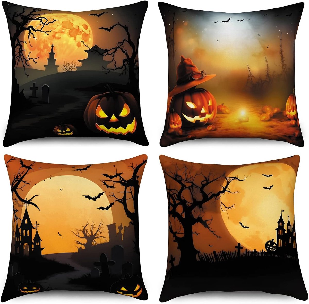 Halloween Cushion Covers 40x40cm Set of 4, Creepy Pumpkin Full Moon Castle Dead Tree Bat Decorative Pillowcases Black - ShopVlot