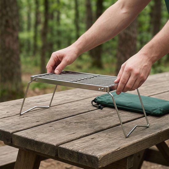 Folding Stainless Steel Grill Grate, 30 x 16 cm, Camping Grill with 2 Heights, Foldable Outdoor Grill for Fire Bowl - ShopVlot — afbeelding 3
