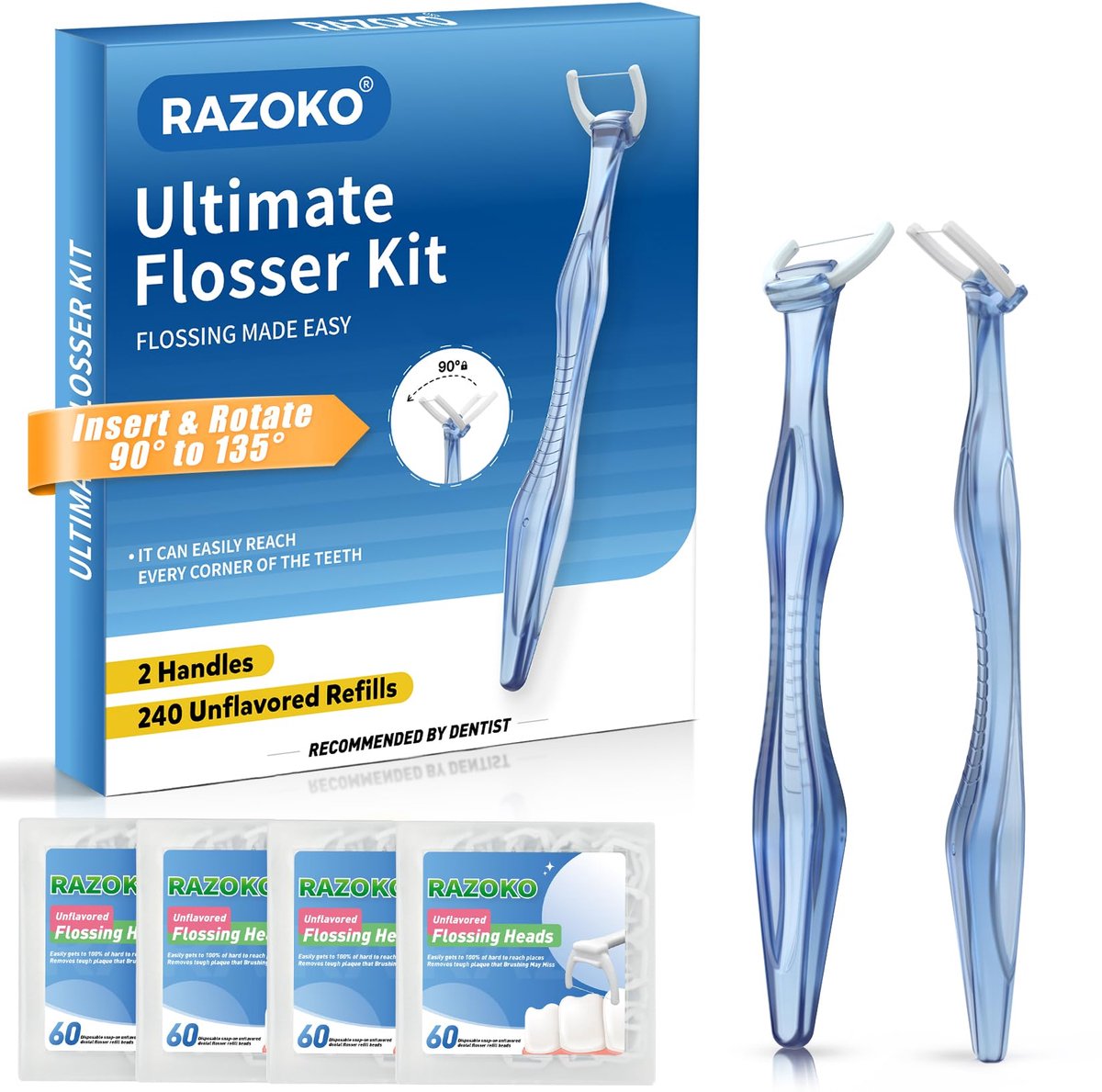 RAZOKO Flosser Kit, versnipperingsbestendig, invoegen en roteren 90° tot 135° voor moeilijk bereikbare plaatsen, PTFE - ShopVlot