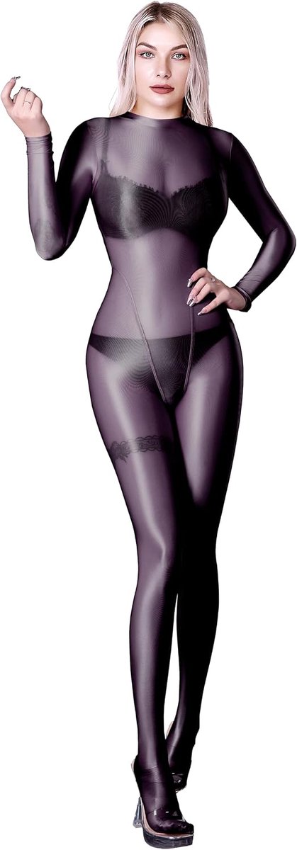 Ultra Sheer Full Bodysuit for Women Long Sleeve Shiny Jumpsuits Women One-Piece Glossy Catsuit Nylons Full Body Leotard - ShopVlot
