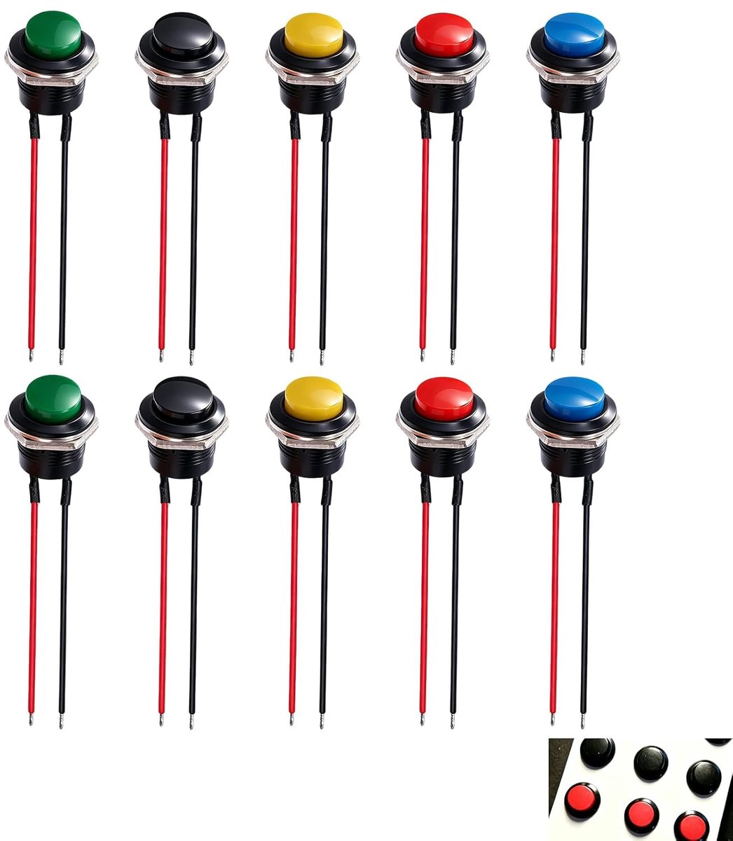 Pack of 10 Instantaneous Push Buttons, 16 mm Round Push Switch, Waterproof, Pre-Wired, On/Off Switch, Without Lock - ShopVlot