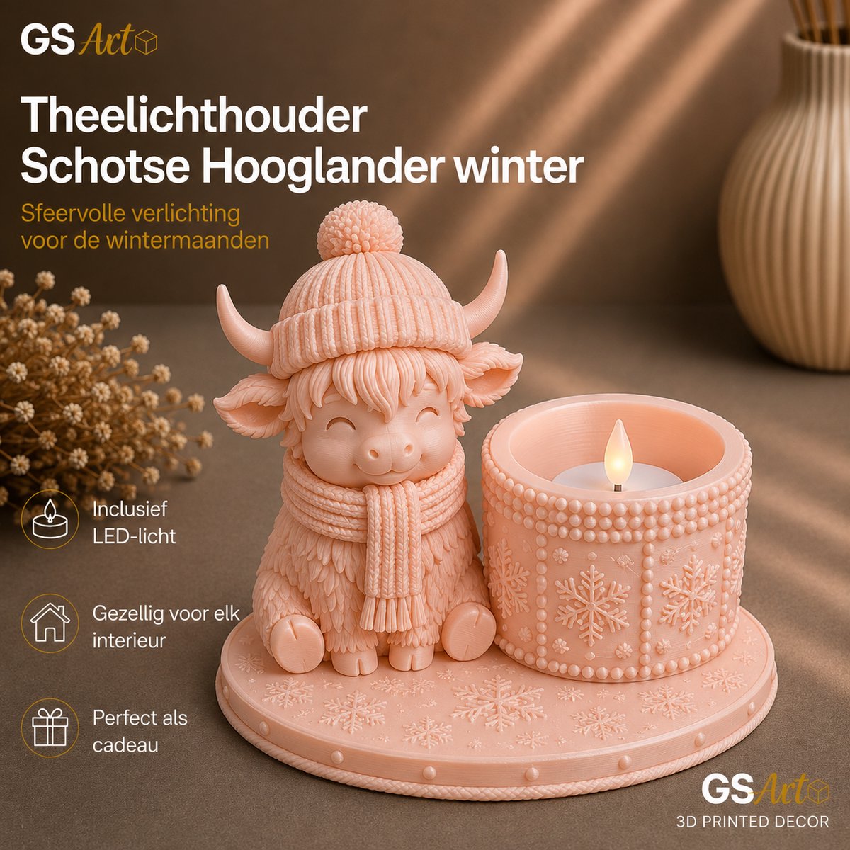 GSArt Theelichthouder Schotse Hooglander Winter – inclusief LED-kaarsje - Zijde Roze