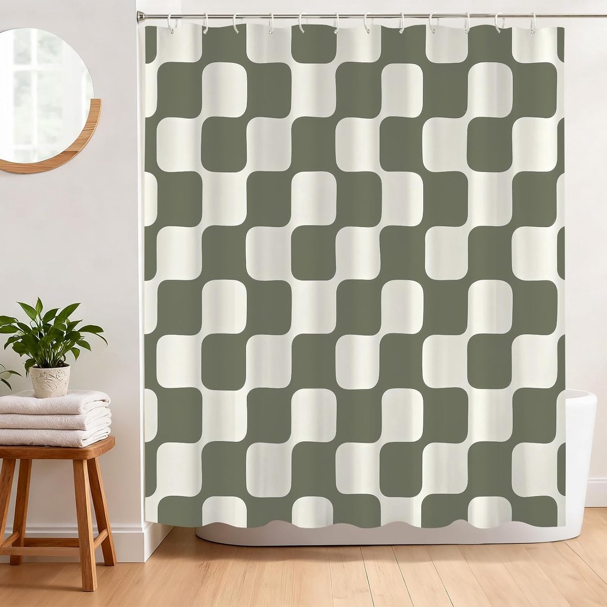 Douchegordijn, saliegroen, dambord, 180 x 180 cm, voor badkamer - ShopVlot