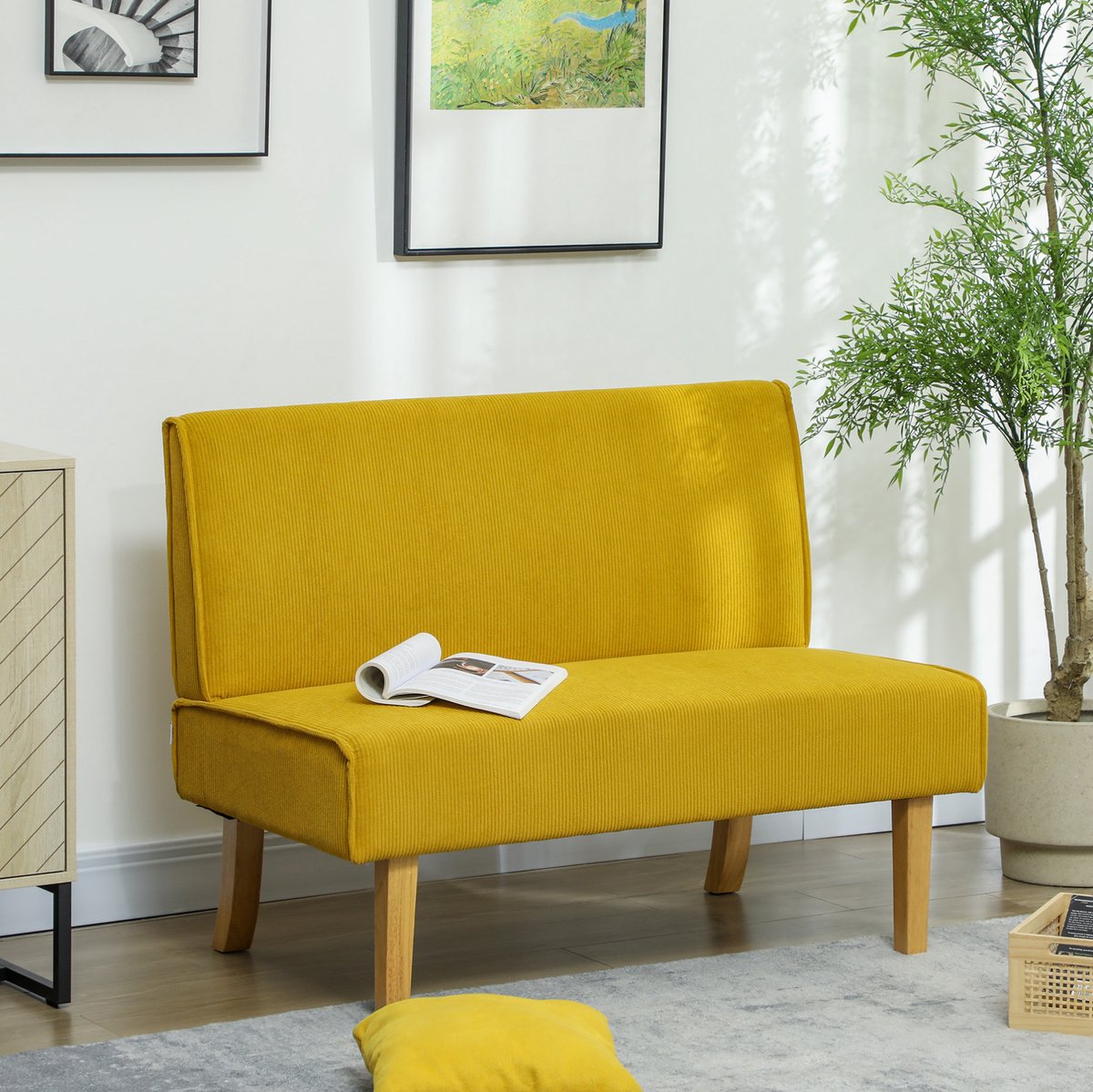 DESMIU Zitbank - 2-Zits - Compact Comfort Met Corduroylook En Houten Poten - Voor Woonkamer En Slaapkamer - Polyester - Geel