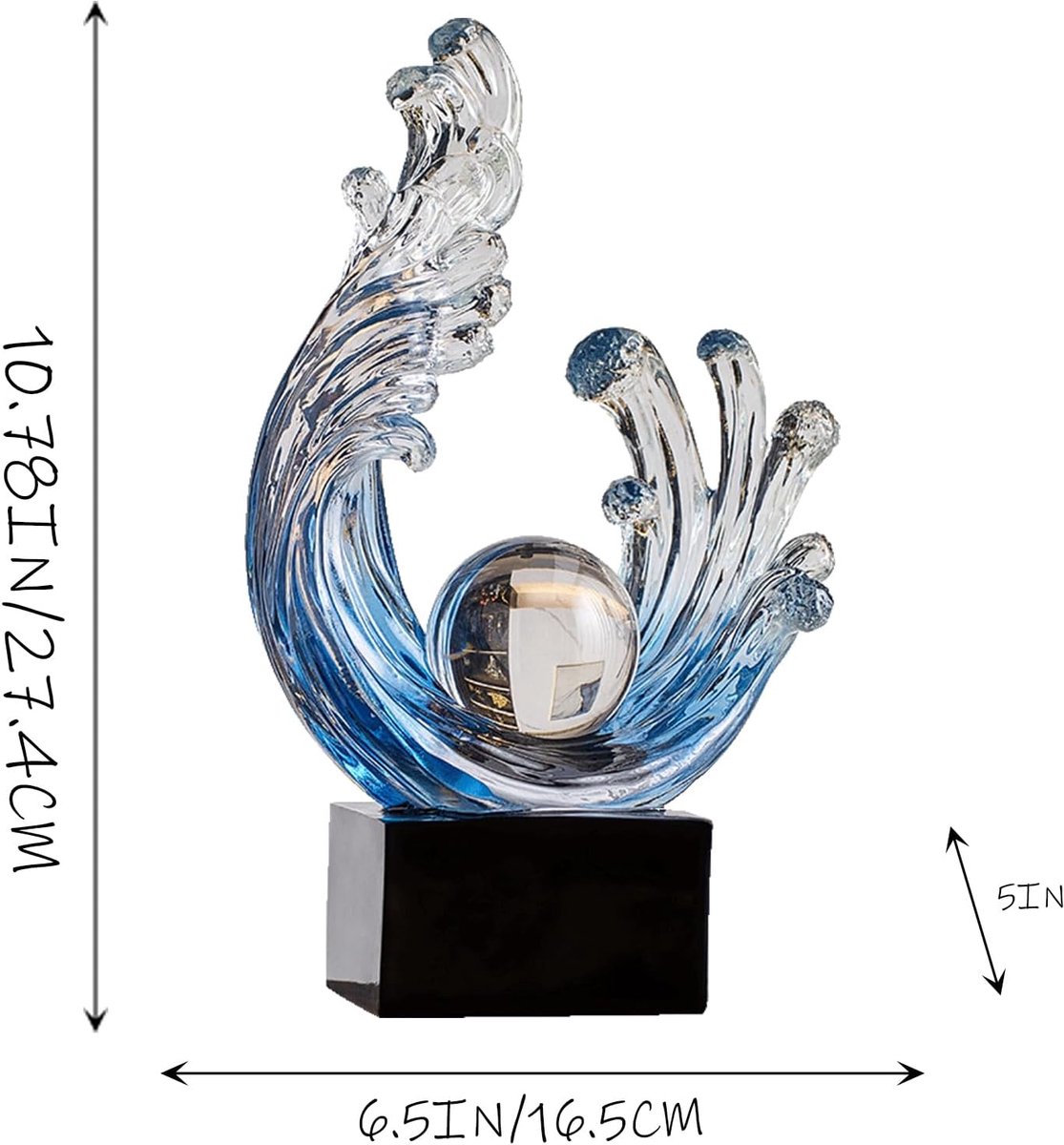 Decoratieve beeldhouwwerk golfvorm 32 cm - Kunststof met kristallen bal - Modern abstract design - ShopVlot