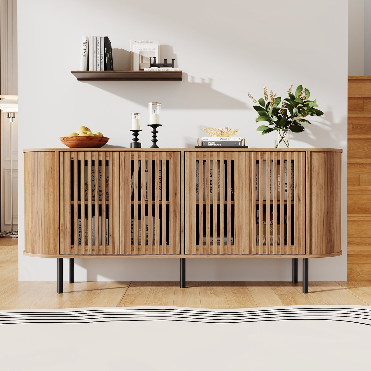 MIVRAY Dressoir - Modern Sideboard Met 4 Geperforeerde Schuifdeuren En Verstelbare Planken - Voor Woonkamer En Hal - MDF - 160x40x70 Cm - Natuurlijk