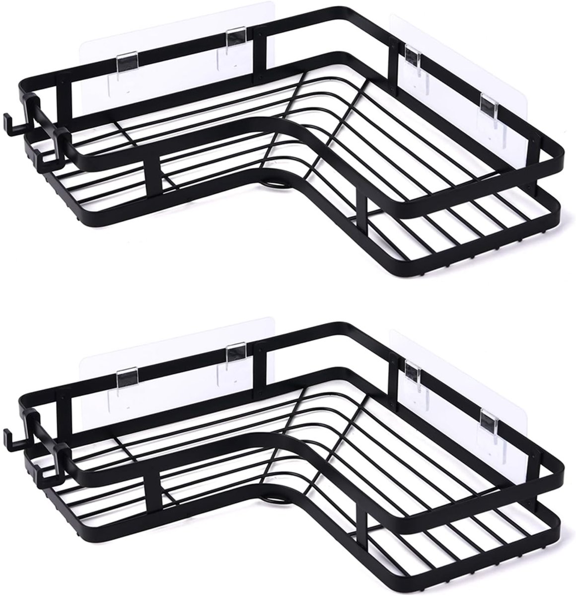 MODFU Hoekrek badkamer - 2 stuks - 25x12.5x5.2 cm - Zwart - Met zelfklevende beugels - Roestbestendig wandrek voor douche - IJzer