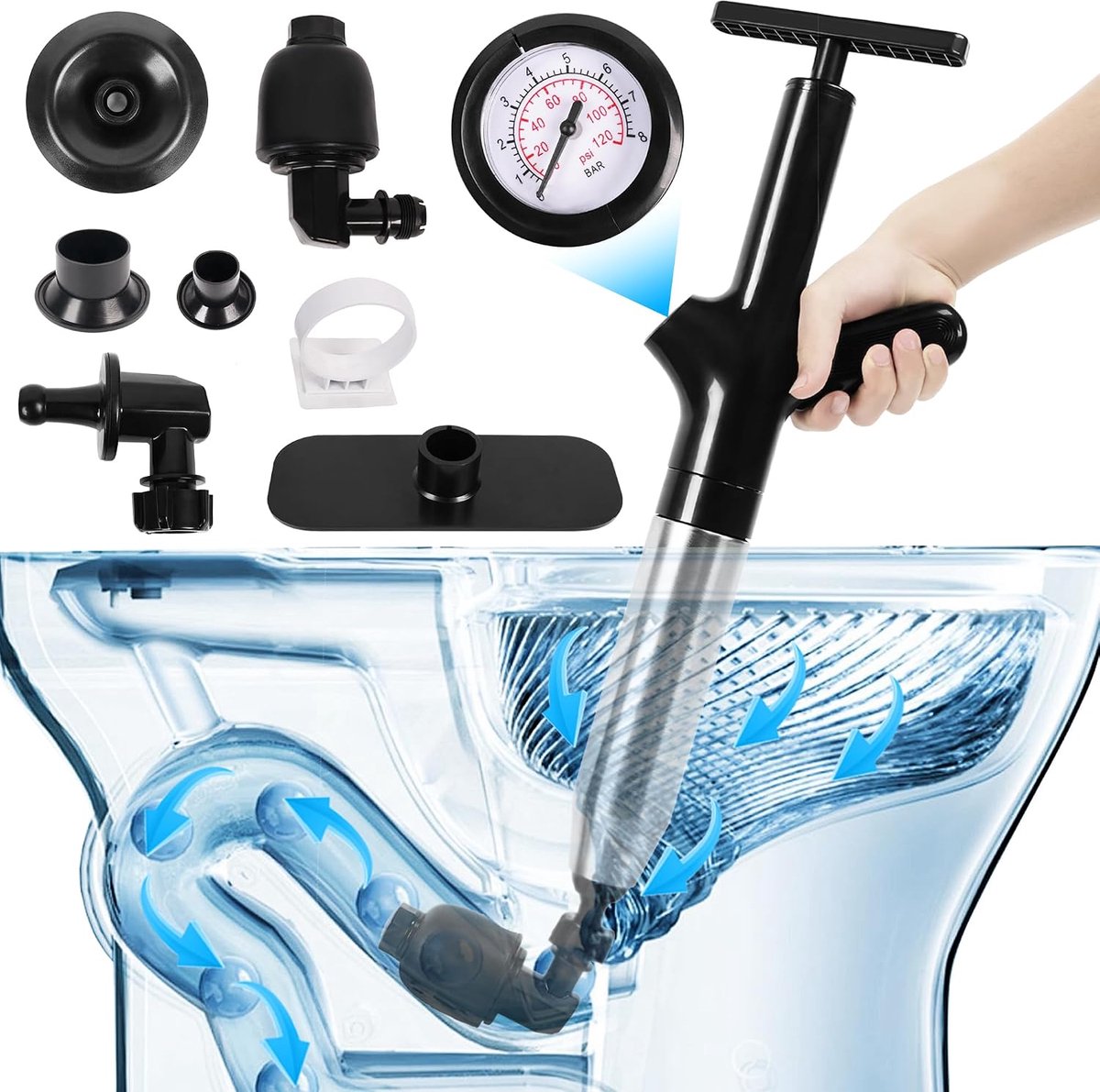 Drain Cleaner, Pump with Air Pressure Display, Compressed Air Tube Cleaner with 4 Suction Cups, Compressed Air Tube - ShopVlot