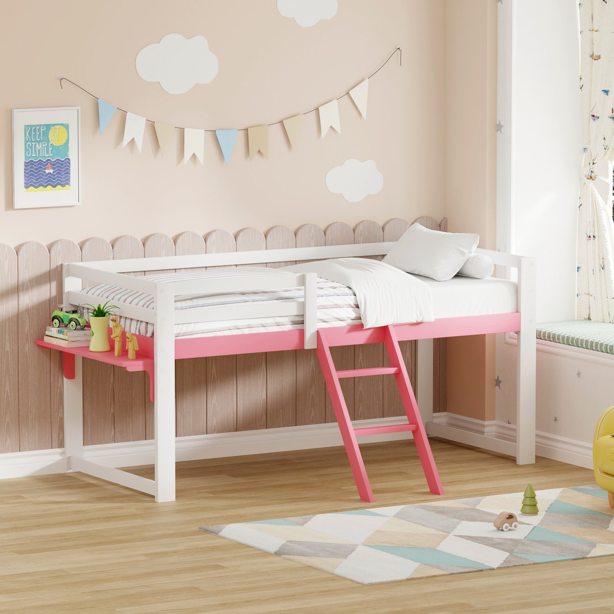 Hoogslaper - 90 x 200 cm - 1-persoons - met ladder - Roze en Wit