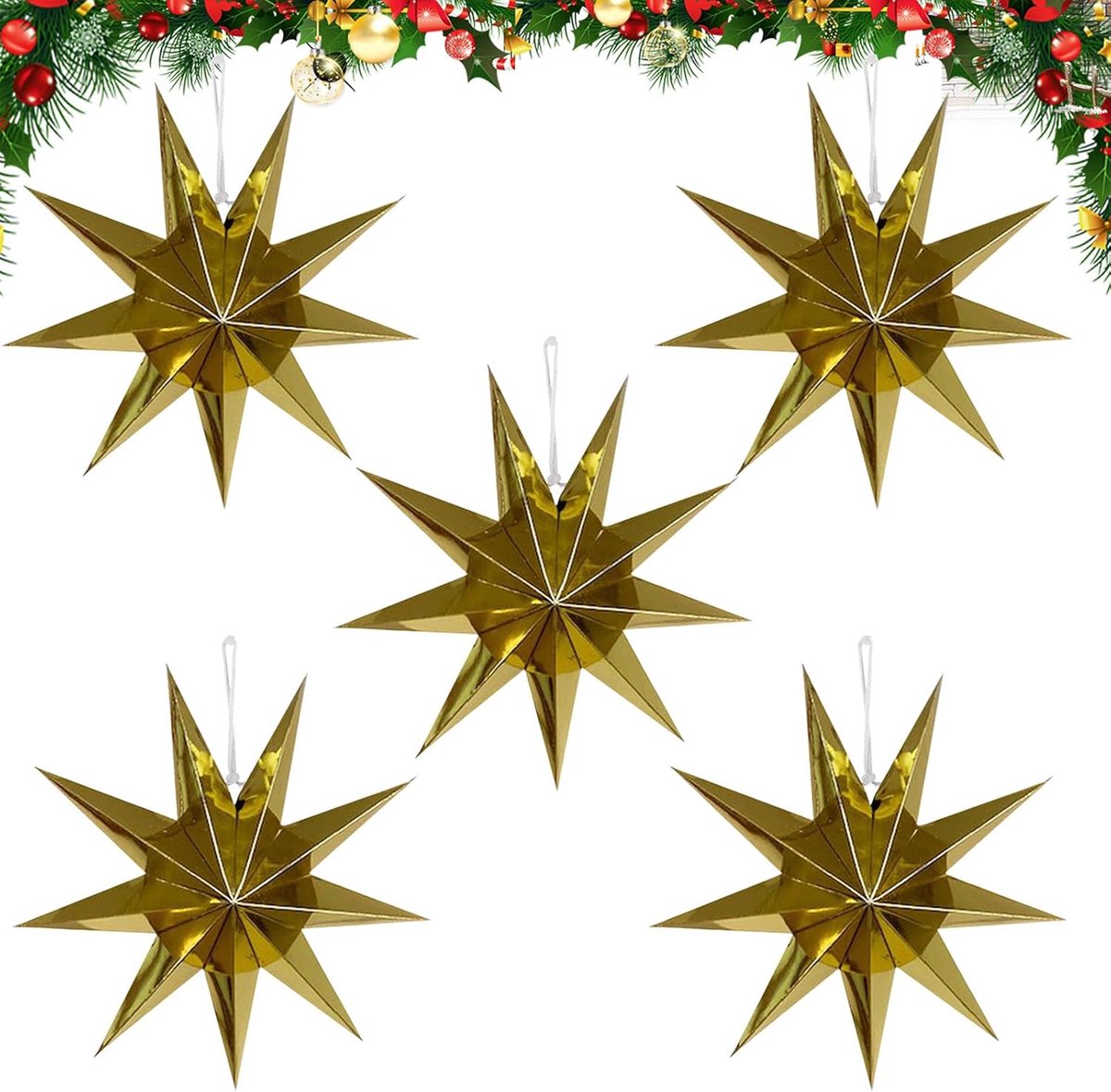5 stuks papieren sterren Kerstmis gouden vouwsterren ophangen Kerstmis 30 cm decoratieve sterren kerstdecoratie - ShopVlot