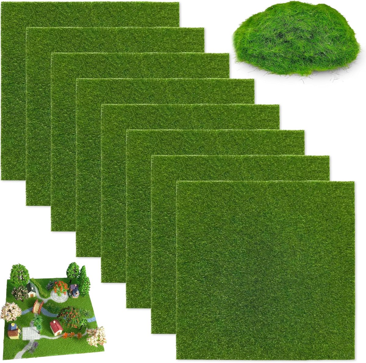 8 Stuks en 1 Zak Kunstgras om te Knutselen, Groene Kunstgras Decoratie 15 x 15 cm, TPE Miniatuurmatten met Textuur en - ShopVlot