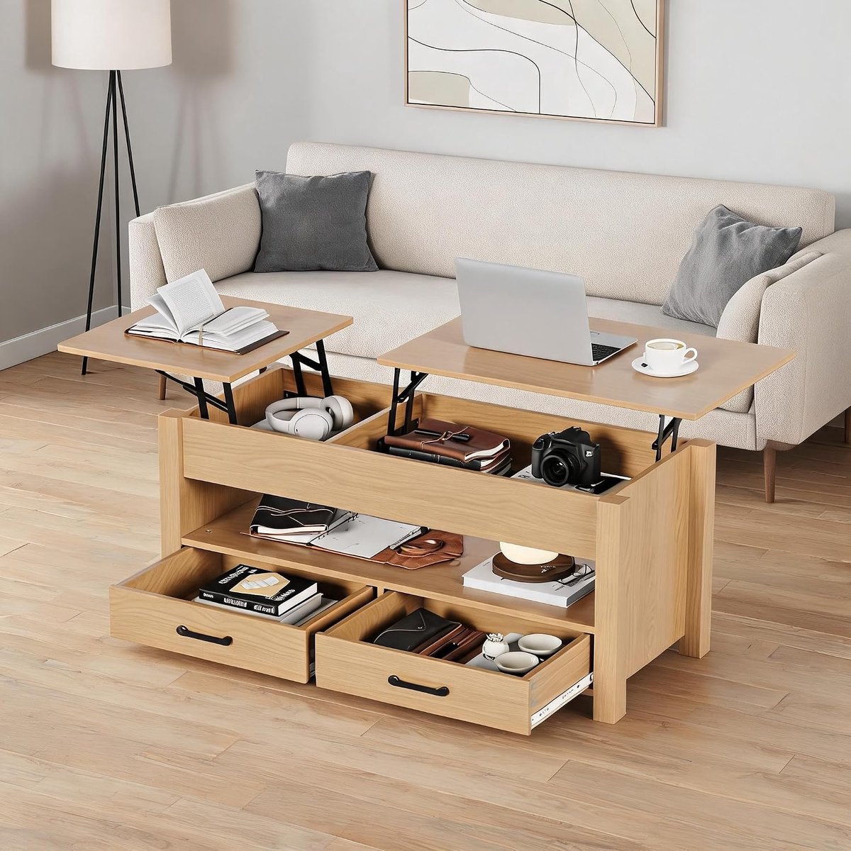 Salontafel met opklapbaar blad, landelijke stijl, met 2 lades Dubbelzijdig opklapbaar blad, omkeerbaar groot paneel, verborgen vak,natuurlijk hout
