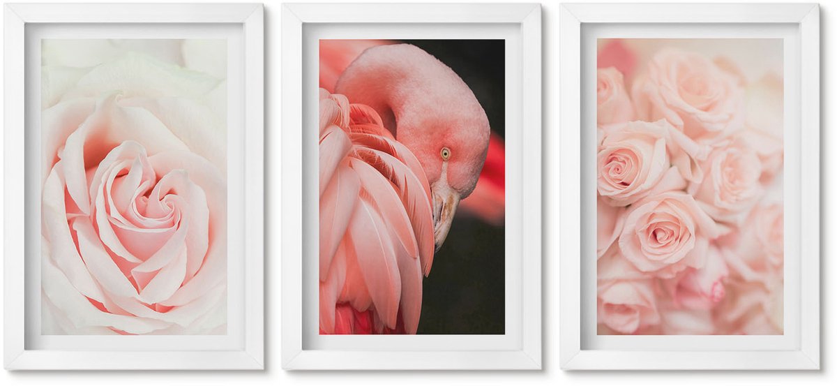 Wallfluent 3-Delige Schilderij Set - Pastelrozen En Flamingo'S In Delicate Tinten - 20 x 30 - Decoratieve Schilderijen - Wanddecoratie - Hal