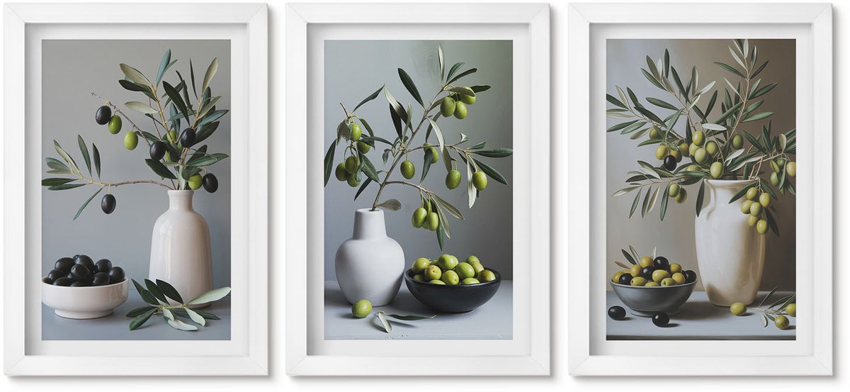 Wallfluent 3-Delige Schilderij Set - Olijven In Vazen ​​Tegen Een Achtergrond Van Gedempte Kleuren. - 20 x 30 - Decoratieve Schilderijen - Wanddecoratie - Hal - Interieur Decoratie