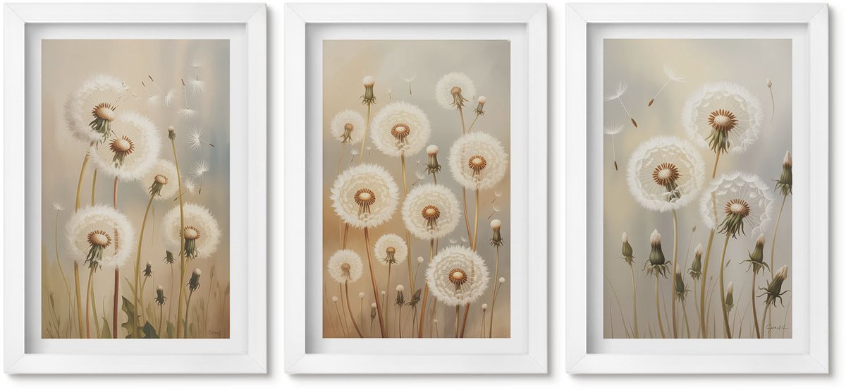 Wallfluent 3-Delige Schilderij Set - Witte Paardenbloemen Op Een Achtergrond Van Lichte Kleuren. - 20 x 30 - Muurdecoratie - Interieur Decoratie - Wanddecoratie