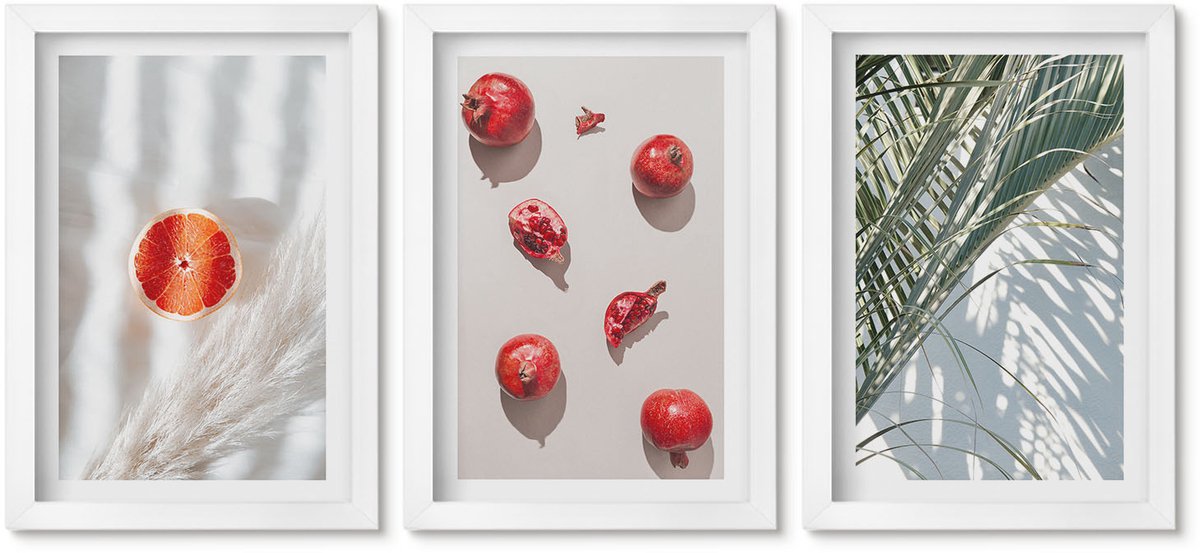 Wallfluent 3-Delige Schilderij Set - Tropische Zomervruchten, Palmbladeren - 20 x 30 - Wanddecoratie - Schilderijen Set - Interieur - Stijlvolle Muurdecoratie
