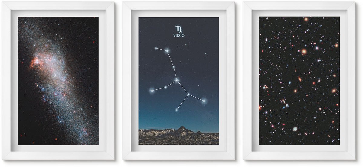 Wallfluent 3-Delige Schilderij Set - Sterrenbeeld Maagd, Melkweg, Uitzicht Op Het Universum - 20 x 30 - Wanddecoratie - Schilderijen Set - Kantoor - Interieur Decoratie