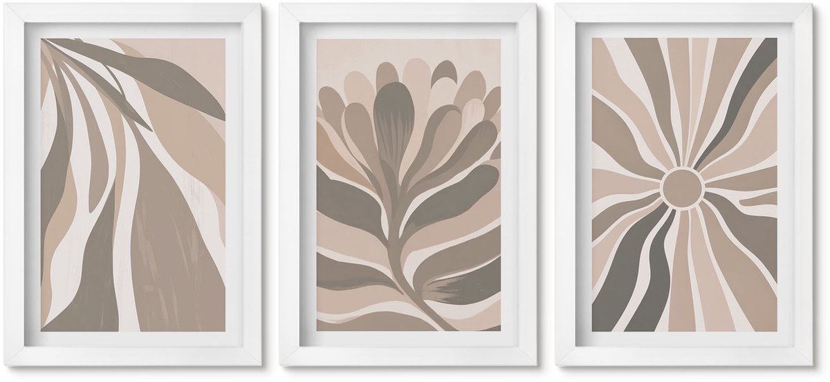 Wallfluent 3-Delige Schilderij Set - Abstracte Plantpatronen In Beige En Bruine Tinten. - 20 x 30 - Wanddecoratie - Muurdecoratie - Moderne Interieurdecoratie