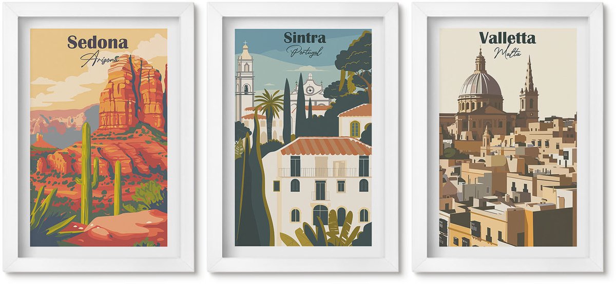 Wallfluent 3-Delige Schilderij Set - Stadsgezichten In Retrostijl Van Sedona, Sintra En Valletta - 20 x 30 - Muurdecoratie - Wanddecoratie - Slaapkamer - Decoratieve Schilderijen