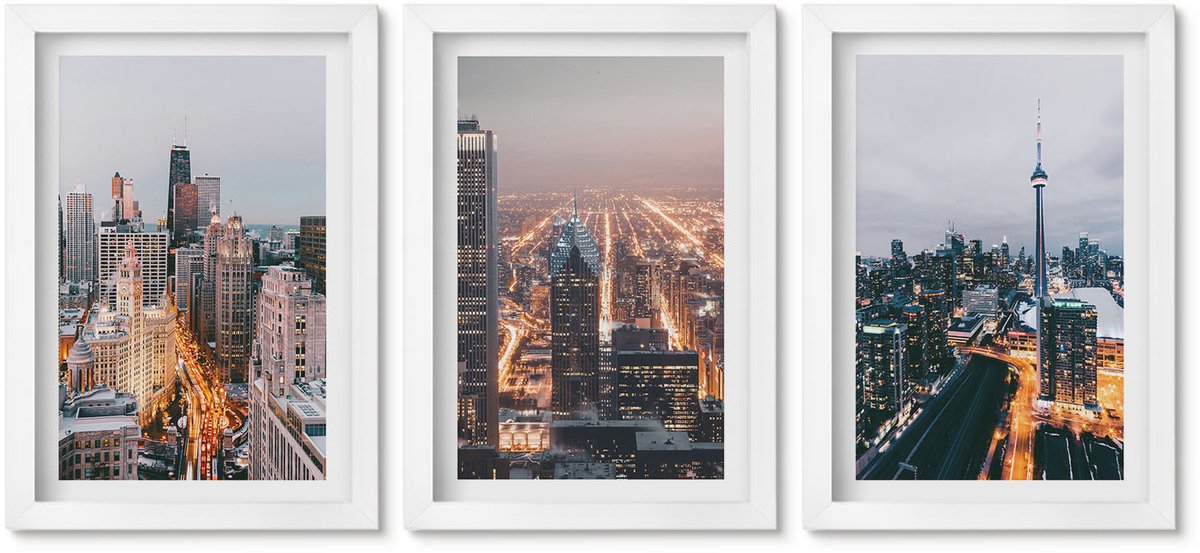 Wallfluent 3-Delige Schilderij Set - Stadsgezichten 'S Nachts Met Wolkenkrabbers En Verlichting - 20 x 30 - Wanddecoratie - Moderne Interieurdecoratie - Interieur Decoratie