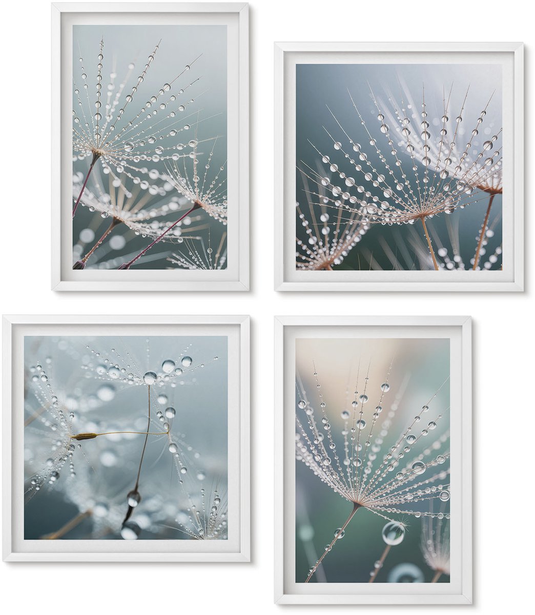Wallfluent 4-Delige Schilderij Set - Waterdruppels Op De Tere Scheuten Van Paardenbloemen - 40 x 40 En 40 x 60 - Moderne Wanddecoratie - Slaapkamer - Interieur Decoratie