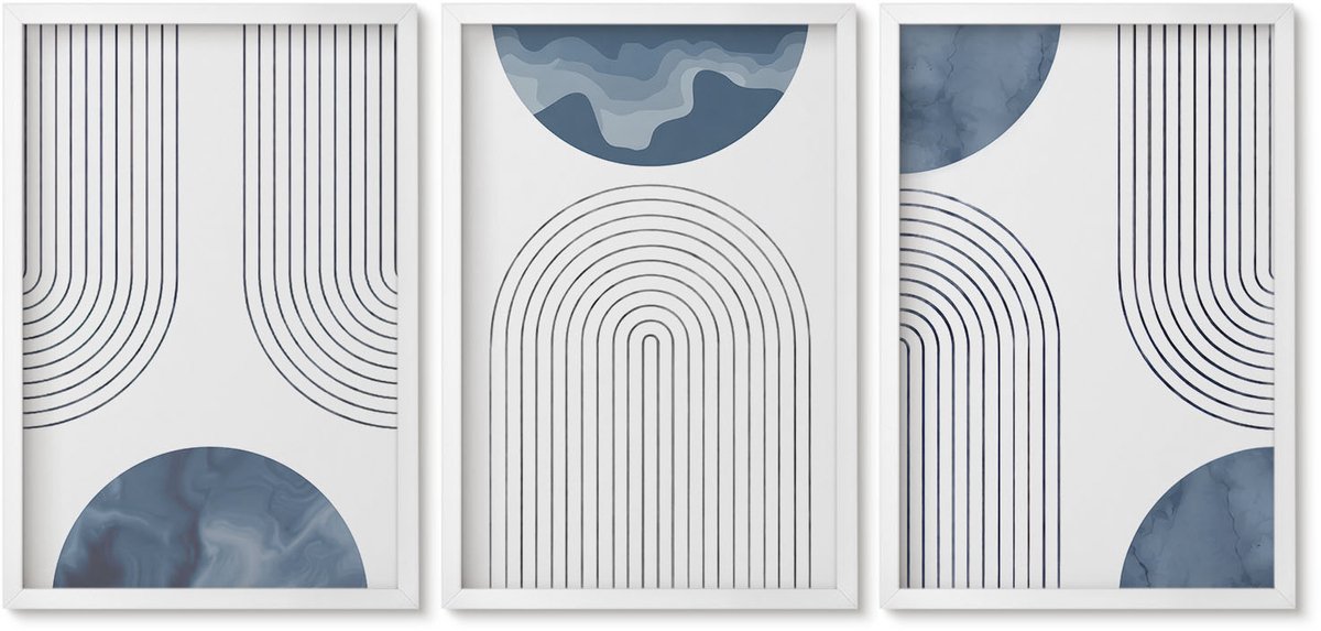 Wallfluent 3-Delige Schilderij Set - Abstracte Patronen In Blauw-Witte Tinten - 40 x 60 - Decoratieve Schilderijen - Woonkamer - Interieur