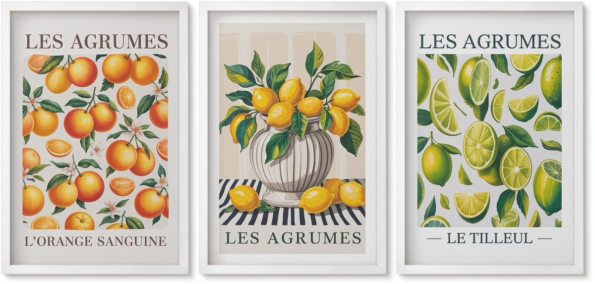 Wallfluent 3-Delige Schilderij Set - Citrusvruchten In Diverse Kleurrijke En Verse Varianten - 40 x 60 - Wanddecoratie - Schilderijen Set - Kantoor - Moderne Wanddecoratie