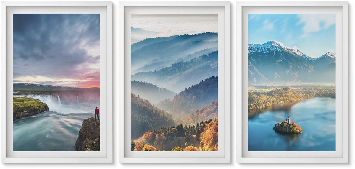 Wallfluent 3-Delige Schilderij Set - Schilderachtige Berglandschappen En Watervallen In De Natuur. - 40 x 60 - Wanddecoratie - Muurdecoratie - Moderne Interieurdecoratie - Decoratieve Schilderijen