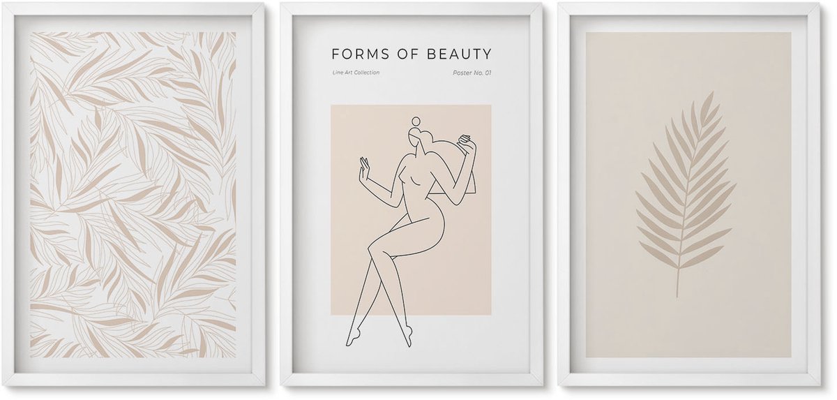 Wallfluent 3-Delige Schilderij Set - Minimalistische Stijl Met Botanische Motieven - 40 x 60 - Wanddecoratie - Schilderijen Set - Kantoor - Muurdecoratie