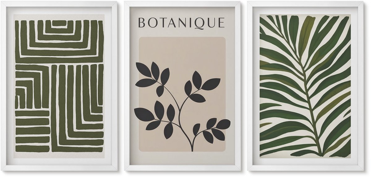 Wallfluent 3-Delige Schilderij Set - Botanische Composities In Boho-Minimalistische Stijl - 40 x 60 - Moderne Wanddecoratie - Slaapkamer